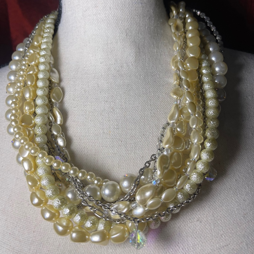 Coco's Short Multi Strand Faux Pearls & Rhinestones Neclklace
